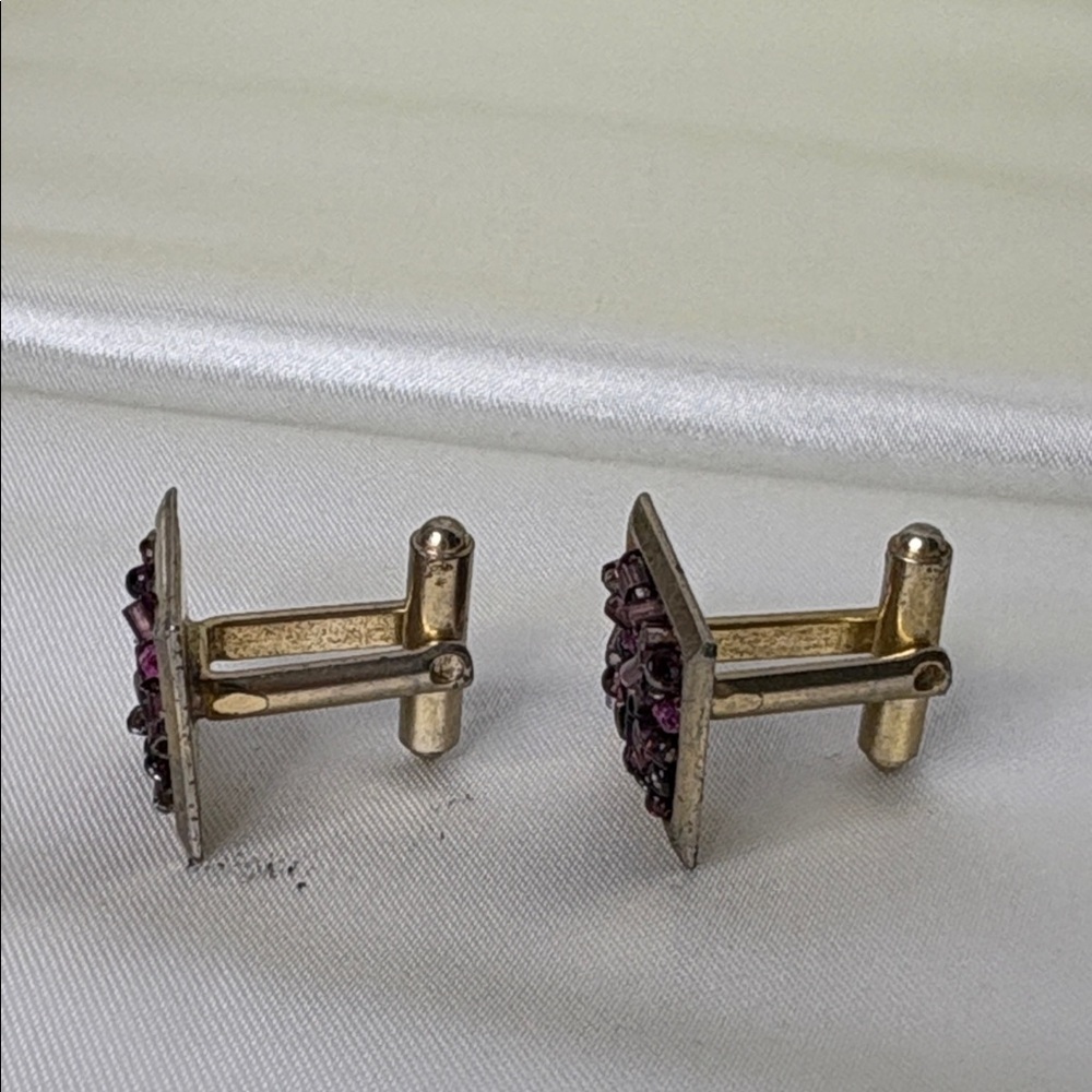 Upcycled Square Purple Beaded Cufflinks in A Gold Tone Setting - Picture 3 of 5